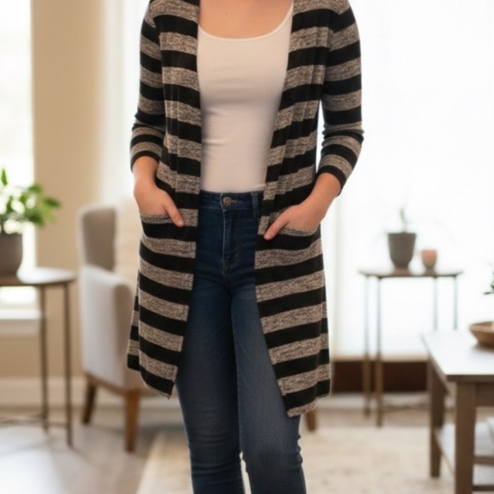 Relativity Navy Blue & Grey long Cardigan 3/4 sleeves size lg